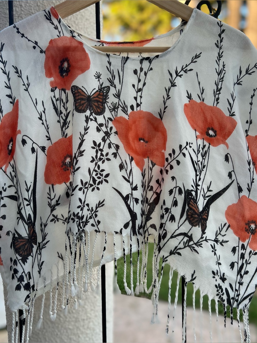 Floral Poppy Fringe Women's Top - White with Coral Poppy And Butterfly Print